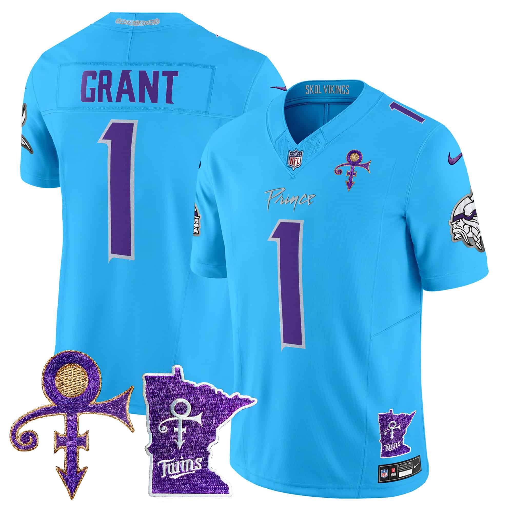 Men Minnesota Vikings 1 Grant Light Blue 2024 Nike Prince Vapor Limited NFL Jersey